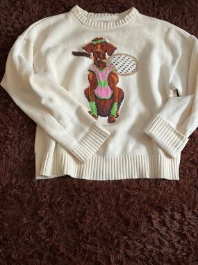 Sooooo Many Compliments…  Cream Sweater with Tennis Dog Graphic